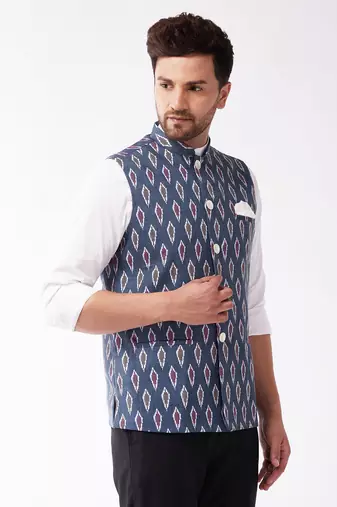 Multicolor-Base-Grey Cotton Nehru Jacket