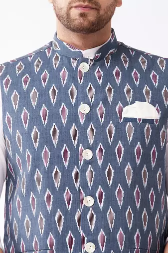 Multicolor-Base-Grey Cotton Nehru Jacket