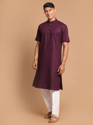 Purple And White Cotton Linen Kurta Pyjama Set 1
