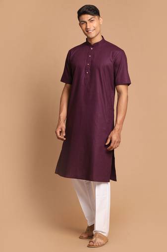Men'S Purple And White Cotton Linen Kurta Pyjama Set