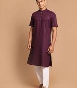 Purple And White Cotton Linen Kurta Pyjama Set