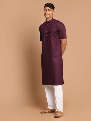 Purple And White Cotton Linen Kurta Pyjama Set 2