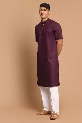 Purple And White Cotton Linen Kurta Pyjama Set