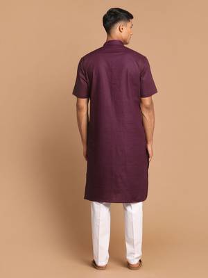 Purple And White Cotton Linen Kurta Pyjama Set 3
