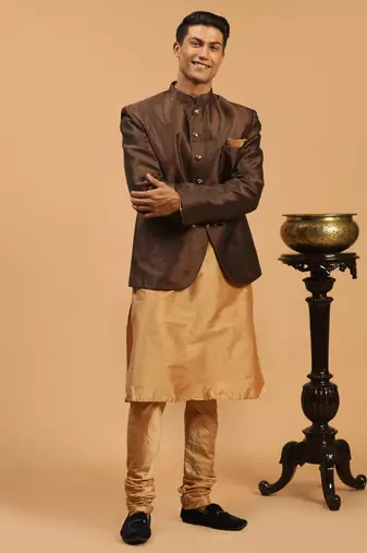 men's coffee and rose gold poly viscose ethnic combo set