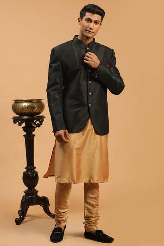 Men'S Black And Rose Gold Poly Viscose Ethnic Combo Set