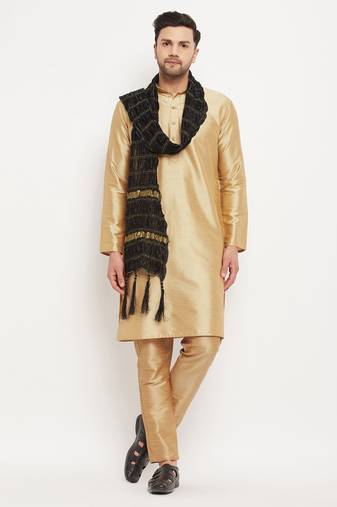 Vm men's rose gold and black silk blend kurta, pyjama & dupatta set