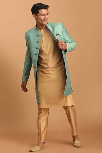 Men'S Green And Rose Gold Cotton Blend Ethnic Combo Set