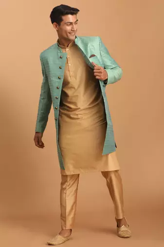 Men'S Green And Rose Gold Cotton Blend Ethnic Combo Set