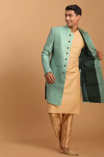 Men'S Green And Rose Gold Cotton Blend Ethnic Combo Set