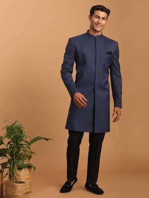 men's navy blue silk blend sherwani set 1
