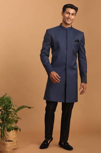Vastramay men's navy blue silk blend sherwani set