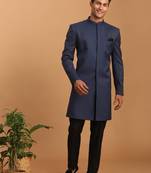 men's navy blue silk blend sherwani set