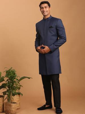 men's navy blue silk blend sherwani set 2