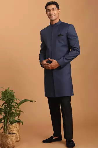 men's navy blue silk blend sherwani set