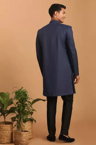 men's navy blue silk blend sherwani set