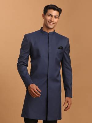 Vastramay men's navy blue and black silk blend sherwani only top 1
