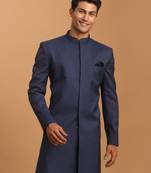 Vastramay men's navy blue and black silk blend sherwani only top