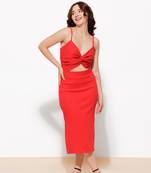 Urban sundari cotton solid full length asymmetric dress red pack of 1