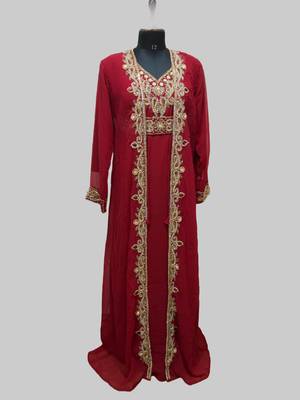 Maroon color Full Sleeves Handmade Two-Piece Jacket Style Moroccan Kaftan 1