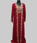 Maroon color luxurious Full Sleeves Handmade Two-Piece Jacket Style Moroccan Kaftan.