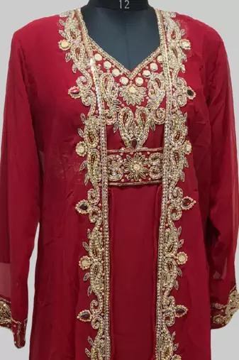 Maroon color Full Sleeves Handmade Two-Piece Jacket Style Moroccan Kaftan