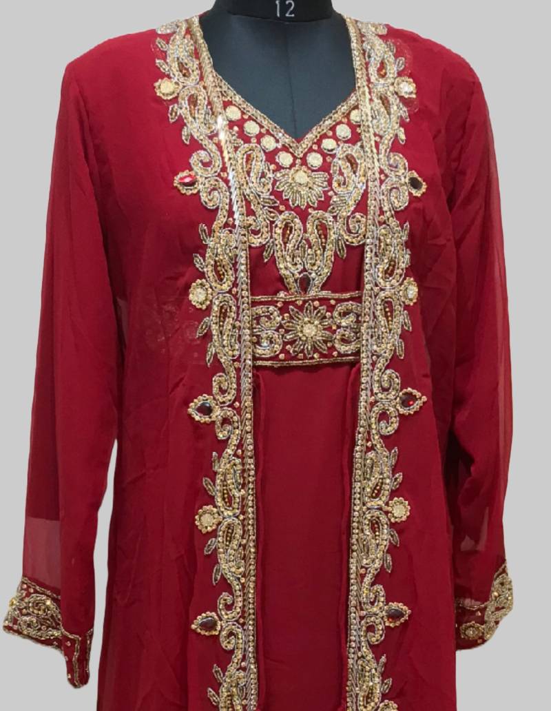 Maroon color luxurious Full Sleeves Handmade Two-Piece Jacket Style Moroccan Kaftan.