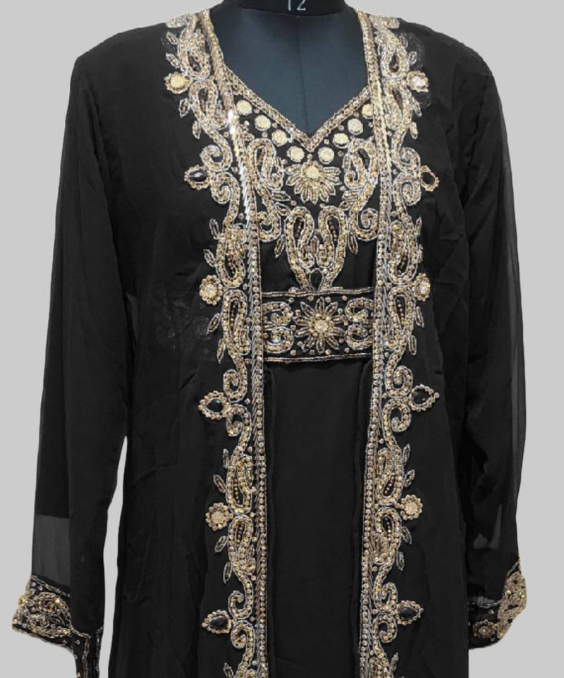 Black color luxurious Full Sleeves Handmade Two Piece Jacket Style Moroccan Kaftan.