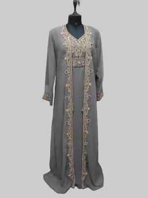 Gray color Full Sleeves Handmade Two Piece Jacket Style Moroccan Kaftan 1