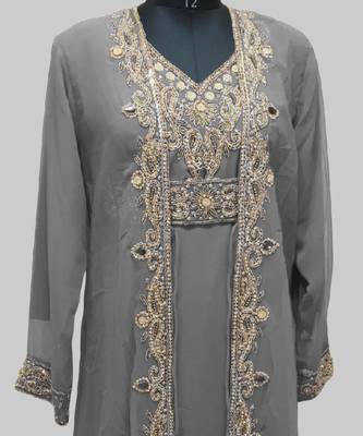Gray color Full Sleeves Handmade Two Piece Jacket Style Moroccan Kaftan 2