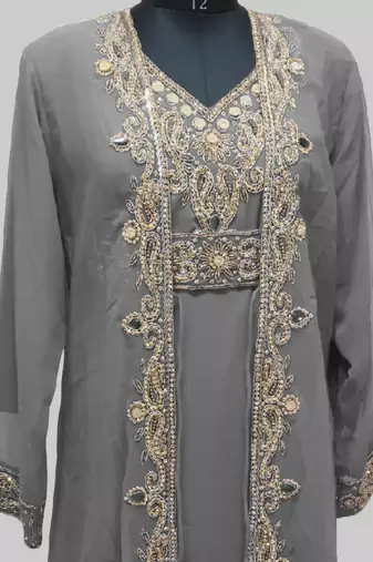 Gray color Full Sleeves Handmade Two Piece Jacket Style Moroccan Kaftan