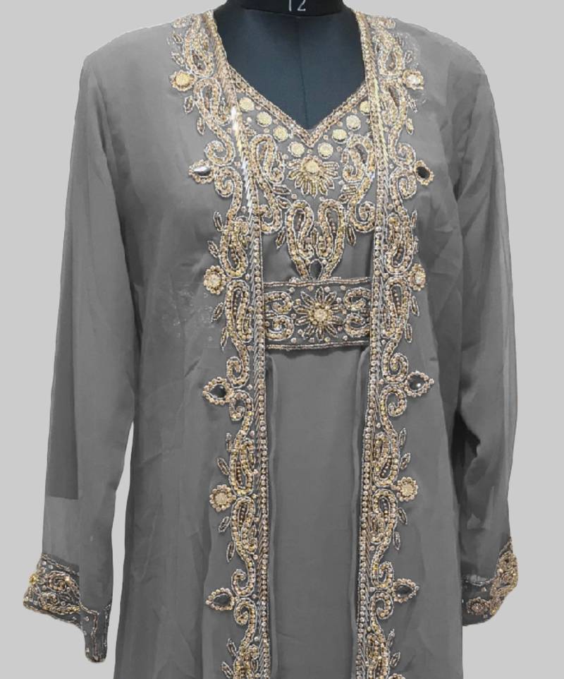 Gray color luxurious Full Sleeves Handmade Two Piece Jacket Style Moroccan Kaftan.