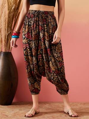 Black grey leaf print foil harem pant 1