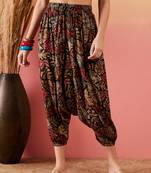 Black grey leaf print foil harem pant