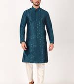 Indian ethnic teal colour mirror work art silk kurta pajama set for men festive rooted looks