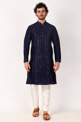 Indian ethnic navy blue colour mirror work art silk kurta pajama set for men festive rooted looks 1