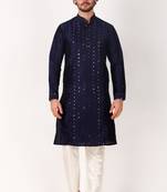 Indian ethnic navy blue colour mirror work art silk kurta pajama set for men festive rooted looks