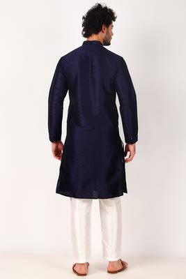 Indian ethnic navy blue colour mirror work art silk kurta pajama set for men festive rooted looks 2