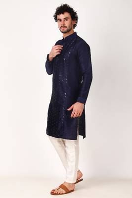 Indian ethnic navy blue colour mirror work art silk kurta pajama set for men festive rooted looks 3