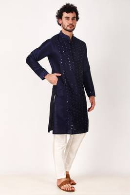 Indian ethnic navy blue colour mirror work art silk kurta pajama set for men festive rooted looks 4