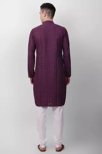 Wine cotton fabric smart sequins work festive wear indian traditional look men's kurta