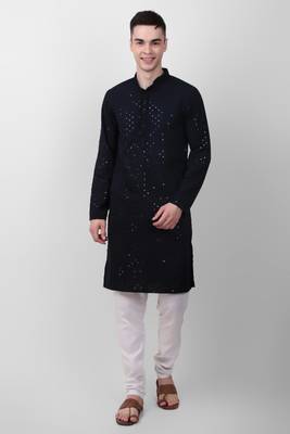 Navy blue cotton fabric smart sequins work festive wear indian traditional look men's kurta 1