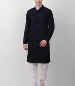 Navy blue cotton fabric smart sequins work festive wear indian traditional look men's kurta