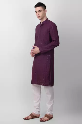 Wine cotton fabric smart sequins work festive wear indian traditional look men's kurta