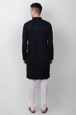 Navy blue cotton fabric smart sequins work festive wear indian traditional look men's kurta 2