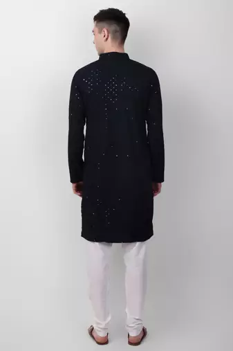 Navy blue cotton fabric smart sequins work festive wear indian traditional look men's kurta