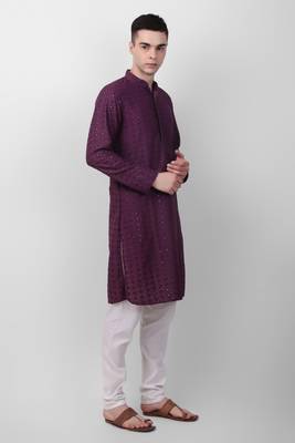 Wine cotton fabric smart sequins work festive wear indian traditional look men's kurta 4