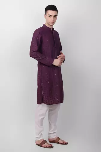 Wine cotton fabric smart sequins work festive wear indian traditional look men's kurta