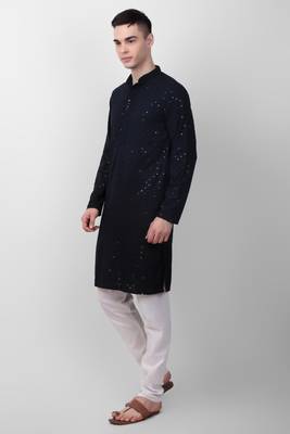 Navy blue cotton fabric smart sequins work festive wear indian traditional look men's kurta 3