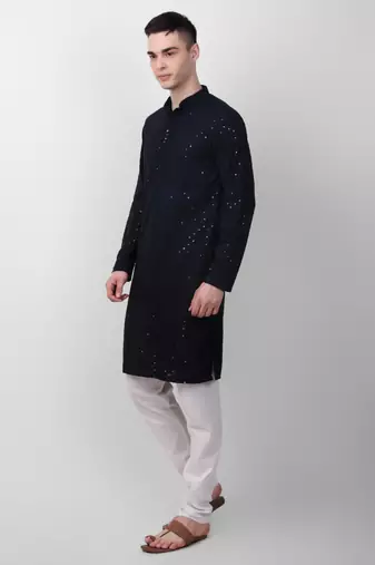 Navy blue cotton fabric smart sequins work festive wear indian traditional look men's kurta